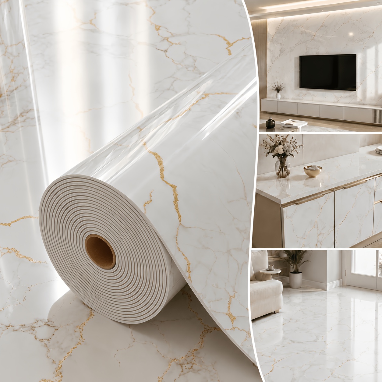 TEMU Light Luxury Extra-thick Glossy Marble Wallpaper Roll, Self-adhesive Peel-and-stick Wall Decal, 3mm Thickened Design, Waterproof Removable