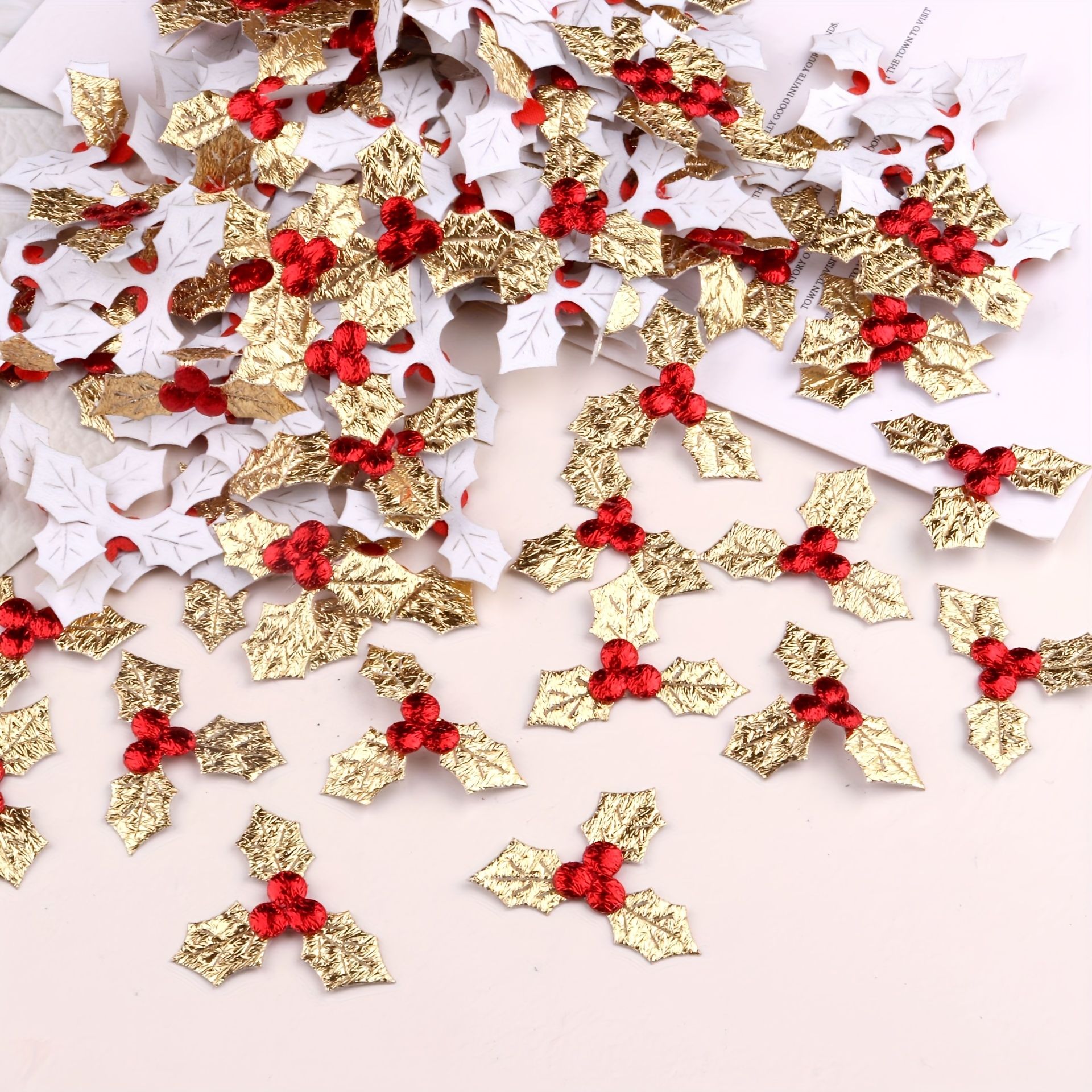 

100pcs Burlap Berry Leaf Christmas Confetti | Iron-on Embroidery Appliqué | Christmas Clothing & Decor Embellishments | For & Diy | Suitable For 14+