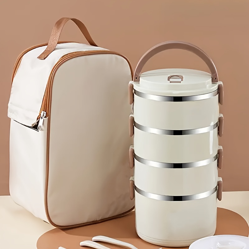 1 Set Of Stainless Steel 4 Layer Lunch Box With Lid With Complementary Bag & Cutlery Large Capacity Storage Bucket, For Camping, Picnic, School, Office, And Outdoor Adventures