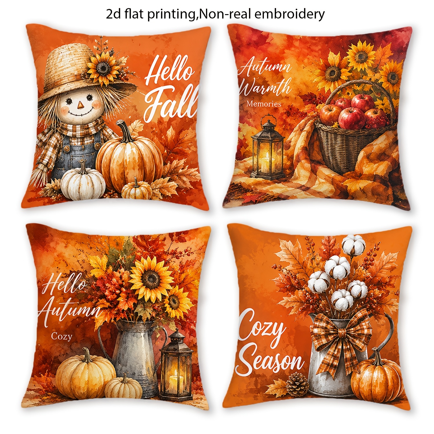 TEMU 4pcs Autumn Decorative Pillowcases, Pumpkin Sunflower Pottery Jar Pattern Printed Pillow Covers, Autumn Vintage Style, Zipper Closure Covers,