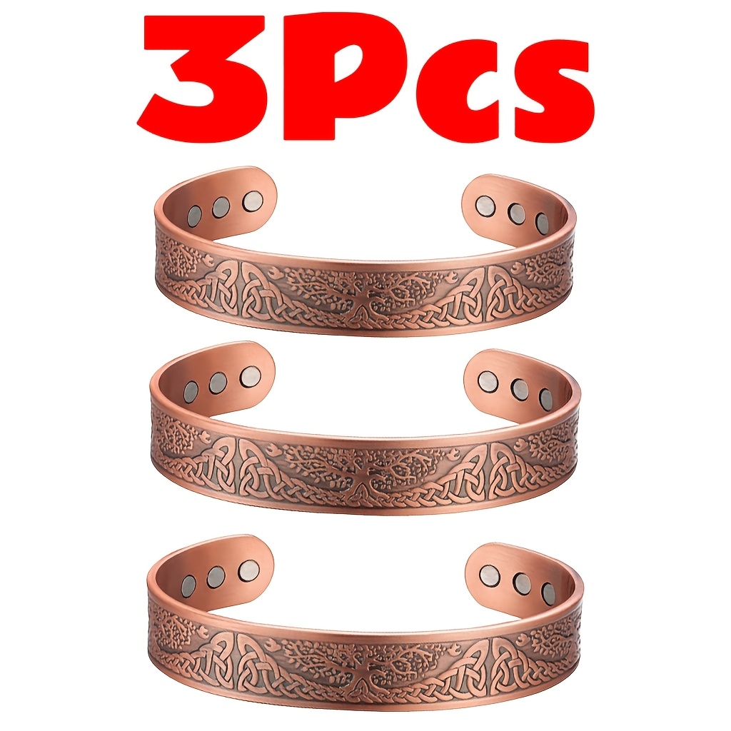TEMU 3 Styles Of Copper Magnetic Bracelets, Suitable For Men And Women, Includes Vintage Celtic Knot Carved Bracelet Set, Adjustable Size, Retro