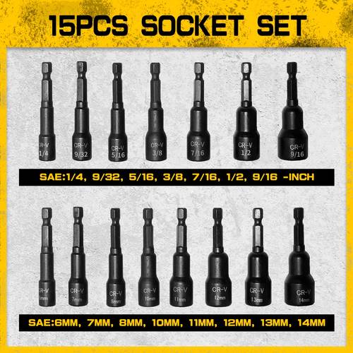 15pcs dark duck magnetic nut driver set impact metric sizes 1 4 to 9 16 chrome vanadium steel rust resistant case nut driving tools secure storage durable tools