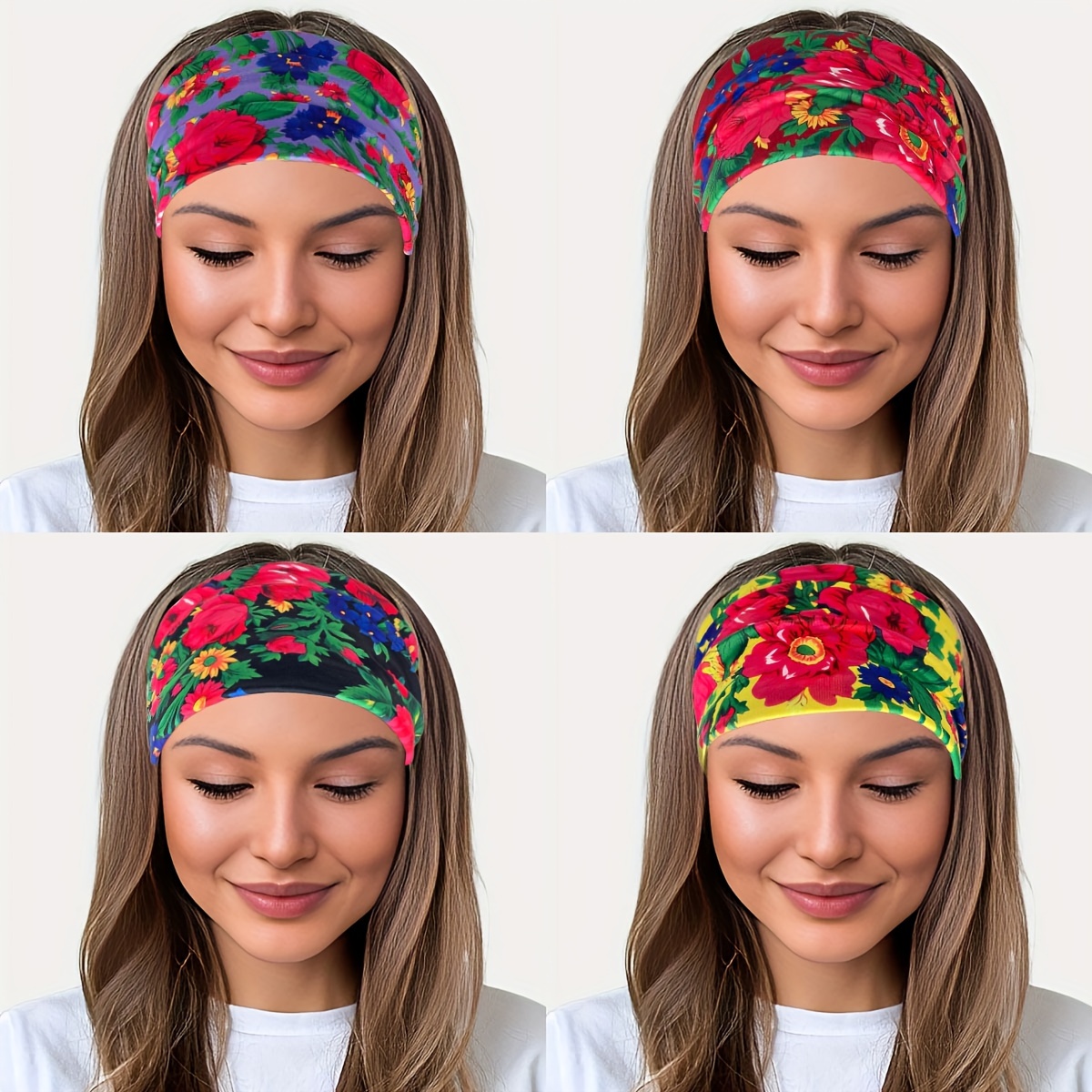 

Duojiaoyan -chic Sunflower & Rose Print Wide Headband - Sweat Absorbent, Knotted Yoga Hairband For Women