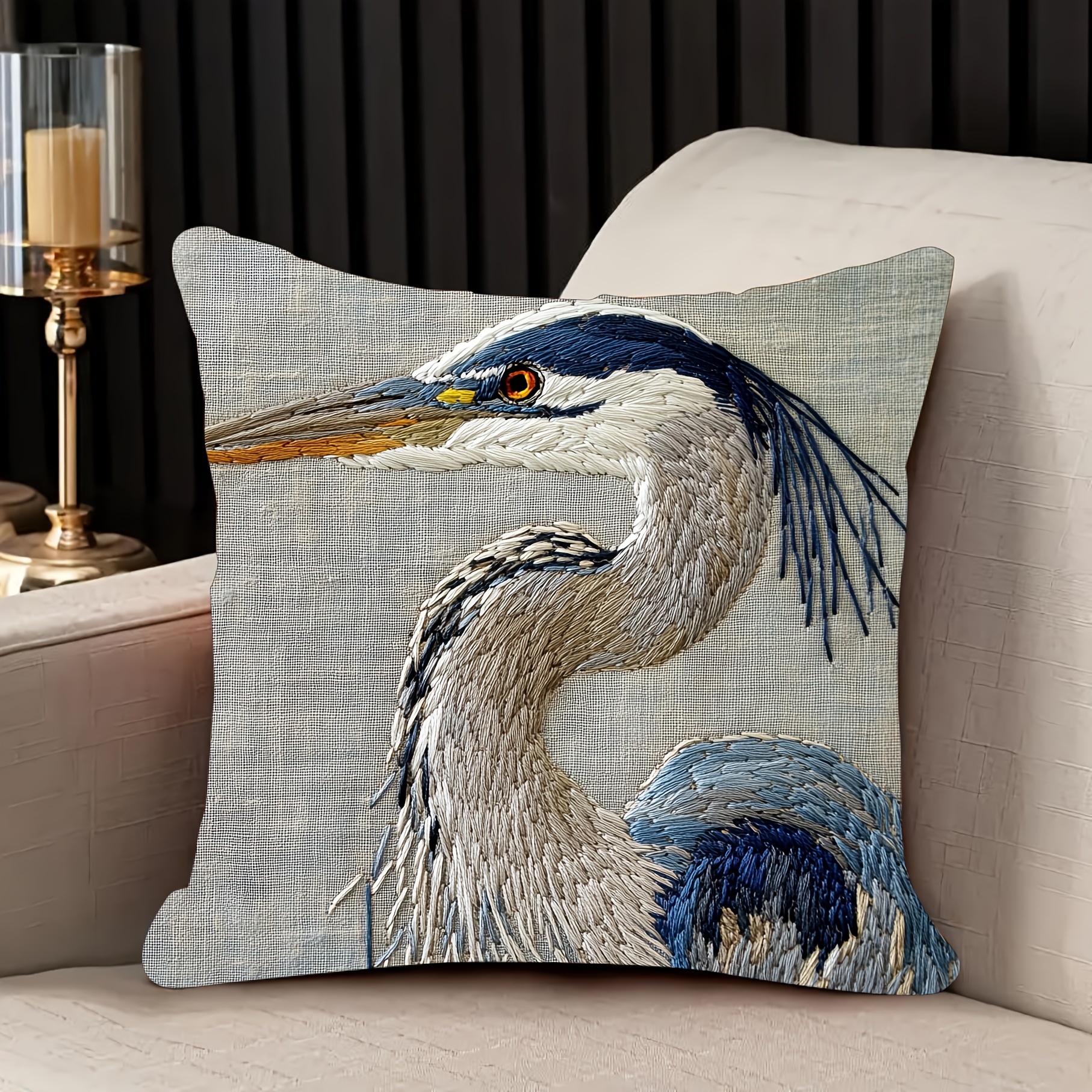 

1pc Vintage Style Heron Embroidered Pillow Cover, 18x18 Inch, Polyester 100%, Hand Wash, Zipper Closure, Geometric Pattern, Woven Decorative For Home & Bedroom - Sasa2669