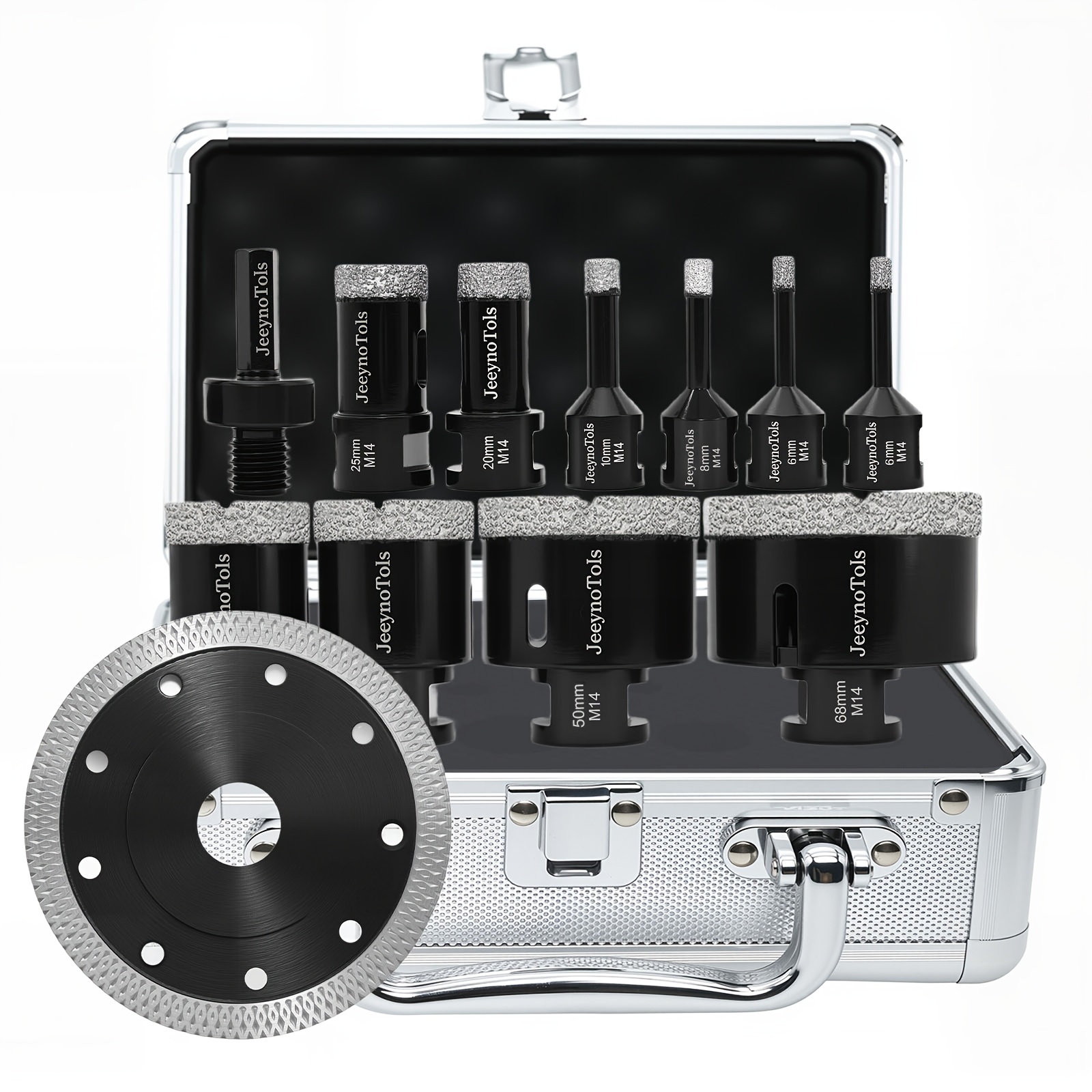 TEMU 12pcs Quality Diamond Tile Bits, 6/6/8/10/20/25/35/40/50/68mm Tile Drill Tools & 115mm Diamond Circular Disc & Adapter For Ceramic Tile Marble