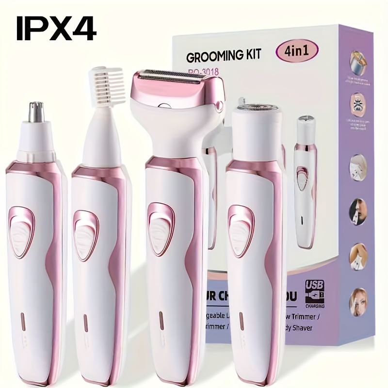 4-in-1 Electric Razor For Women Rechargeable Painless Hair Trimmer For Face Nose Legs Underarm Bikini Portable Grooming Kit_voghion.com