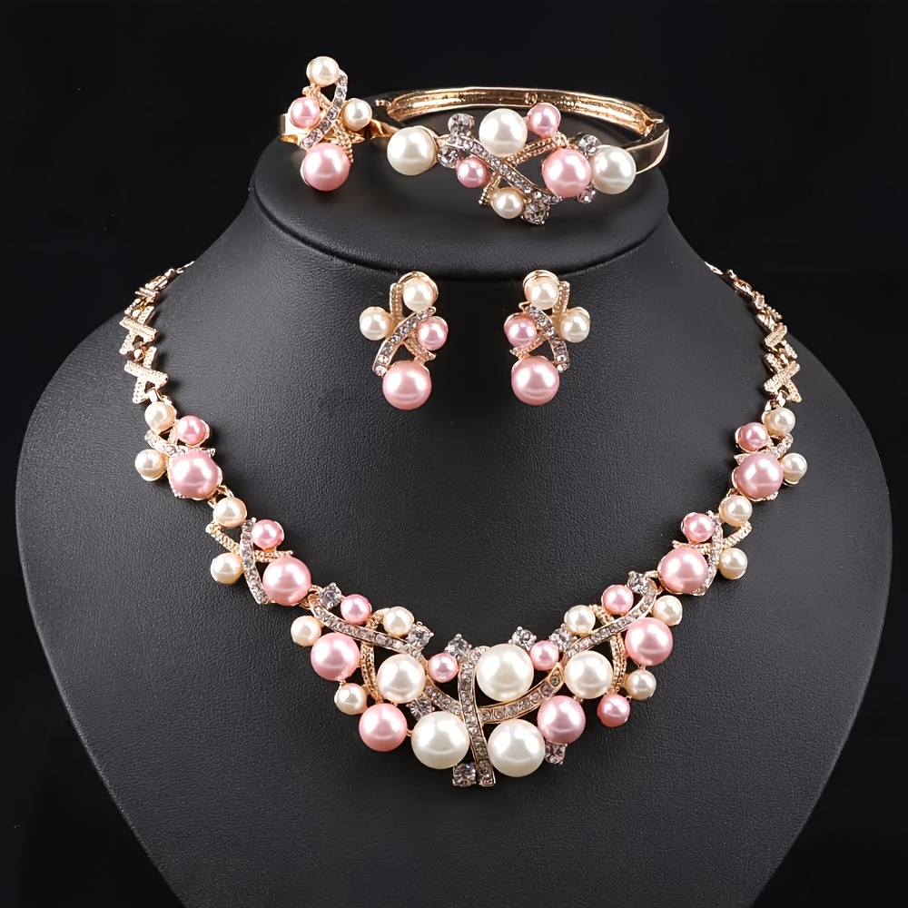 Elegant Pink & White Jewellery Set, Necklace, Bracelet, Earrings, Ring