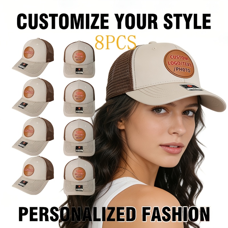TEMU 8pcs Premium Custom Patch Trucker Caps, Customized Text/photo Hat, Adjustable Mesh Back Baseball Caps For Men Women