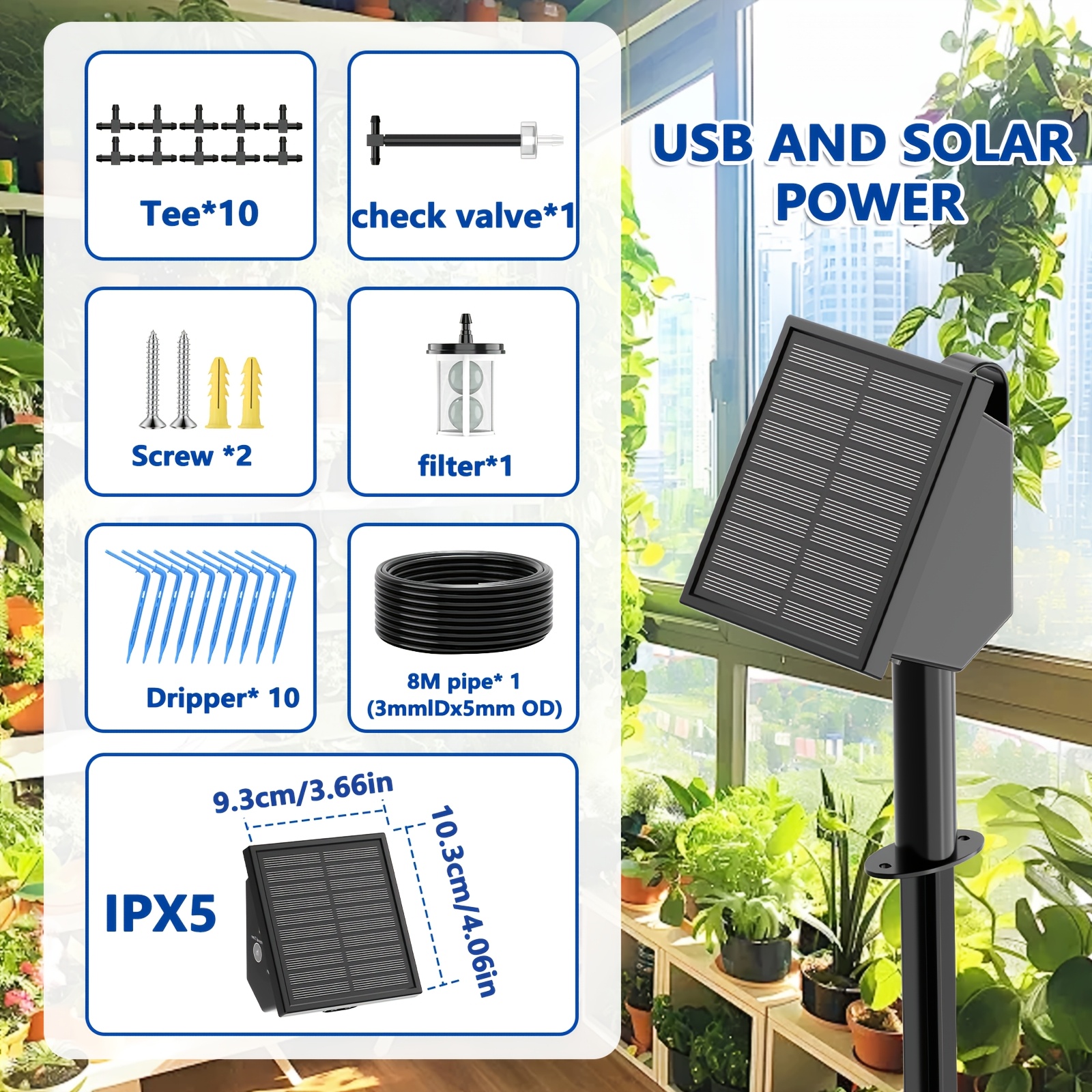 Solarni in USB polnilni avtomatski kapljični namakalni sistem, DIY avtomatska naprava za zalivanje z dodatki, IPX5 za samozalivanje za vrt,