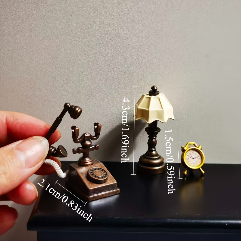 Image of 3pcs Set Miniature 1:12 Scale Dollhouse Simulation Retro Desk Lamp, Alarm Clock, Telephone Model Suitable For Dollhouse Bedroom, Study Scene Decoration For Decoration Lovers