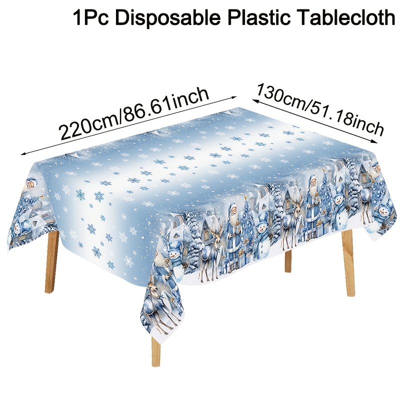 TEMU 1pc Christmas Tablecloth, Blue Santa Snowman Snowflake Print Disposable Tablecover, Plastic Rectangle Winter Wonderland Table Cover For Xmas
