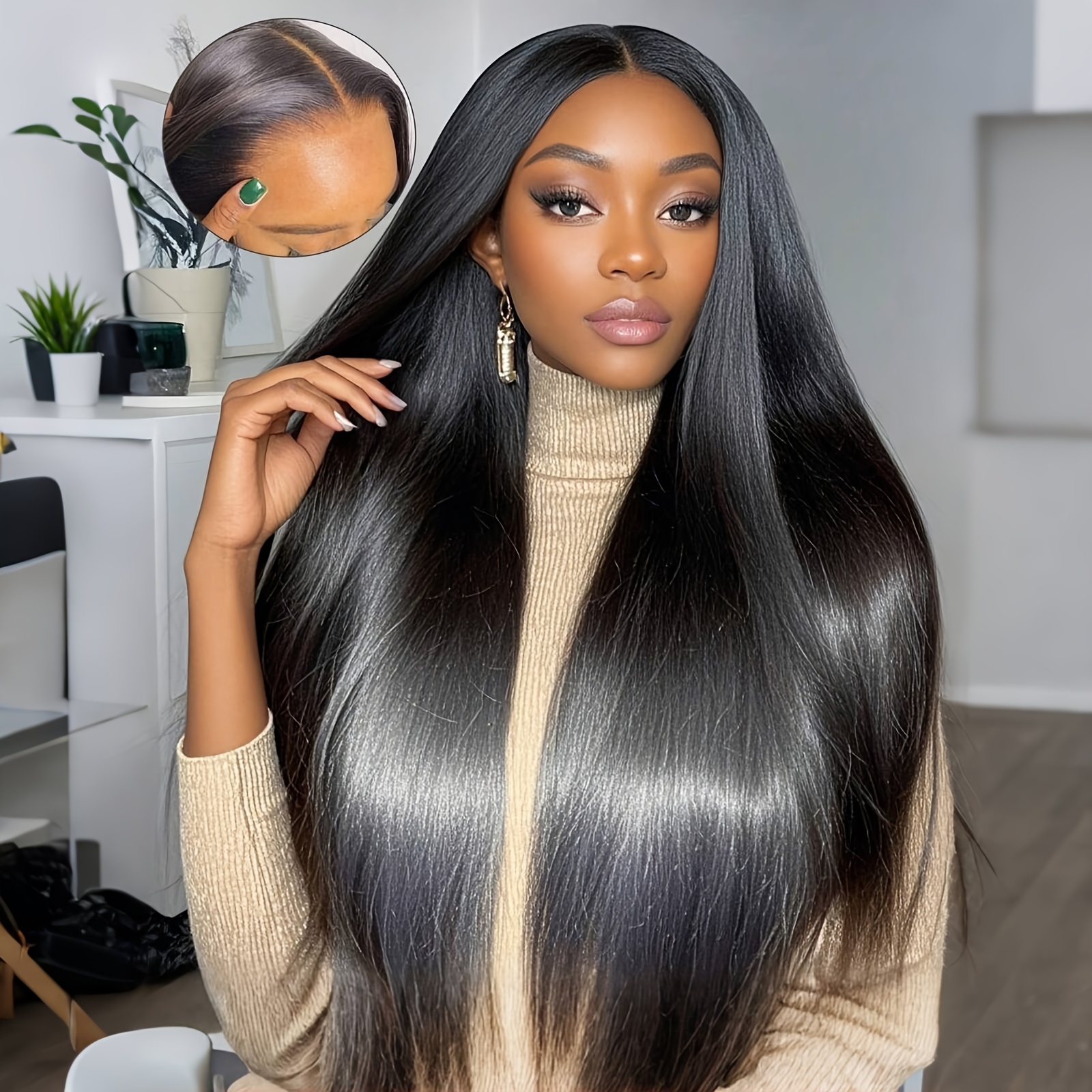 Glueless Human Hair Wigs For Women - 81.28cm Straight Looking Lace Front Wig With 180% Density, Pre-plucked And Pre-cut Hairline, 5x5 Lace, , No Adhesive Needed, (suitable For All Light Beige Tones)