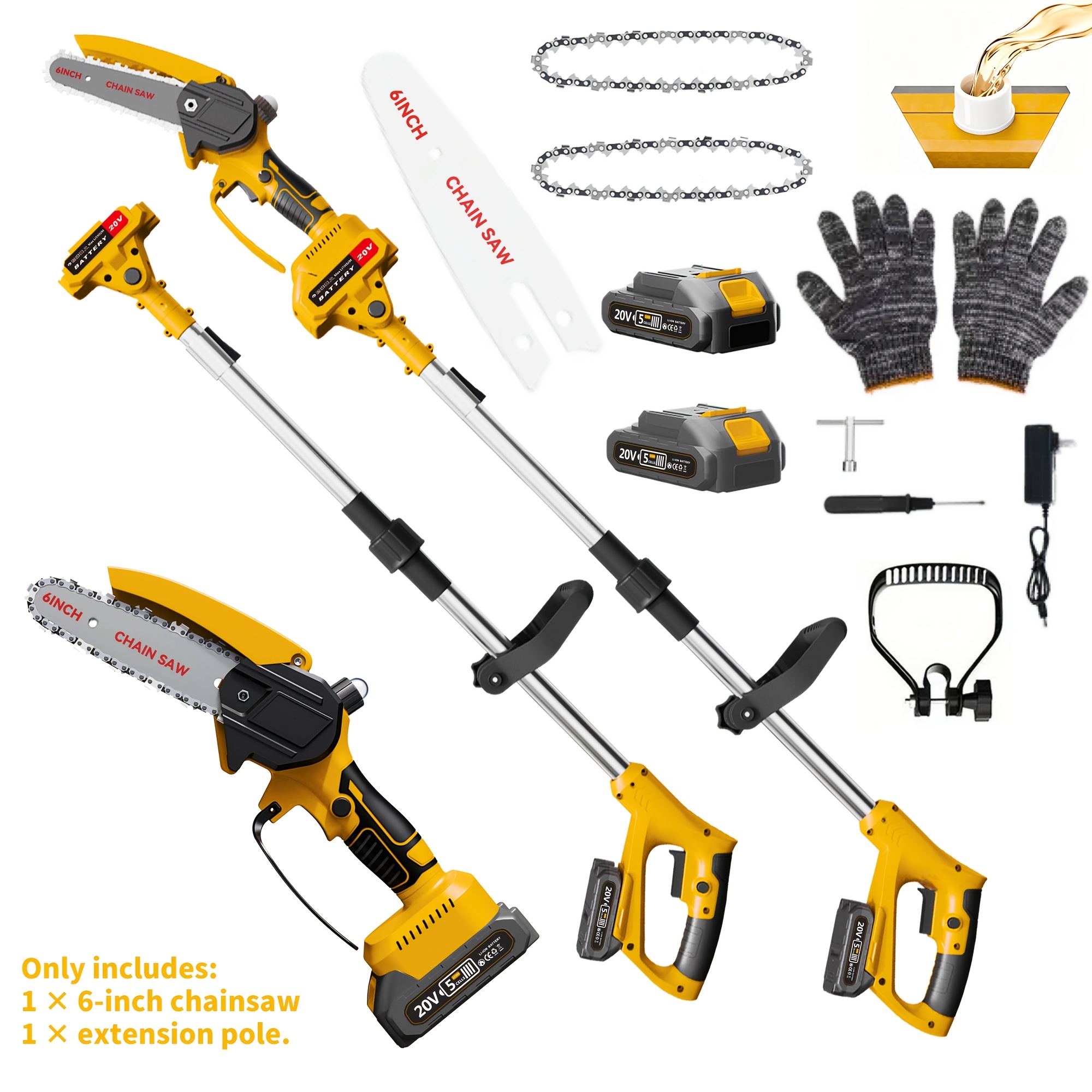 TEMU 6-inch Cordless Electric Pole Saw, High-reach Pruning Saw, Telescopic And Foldable, With Brushless Motor, Includes And 2 Batteries, Black Mini