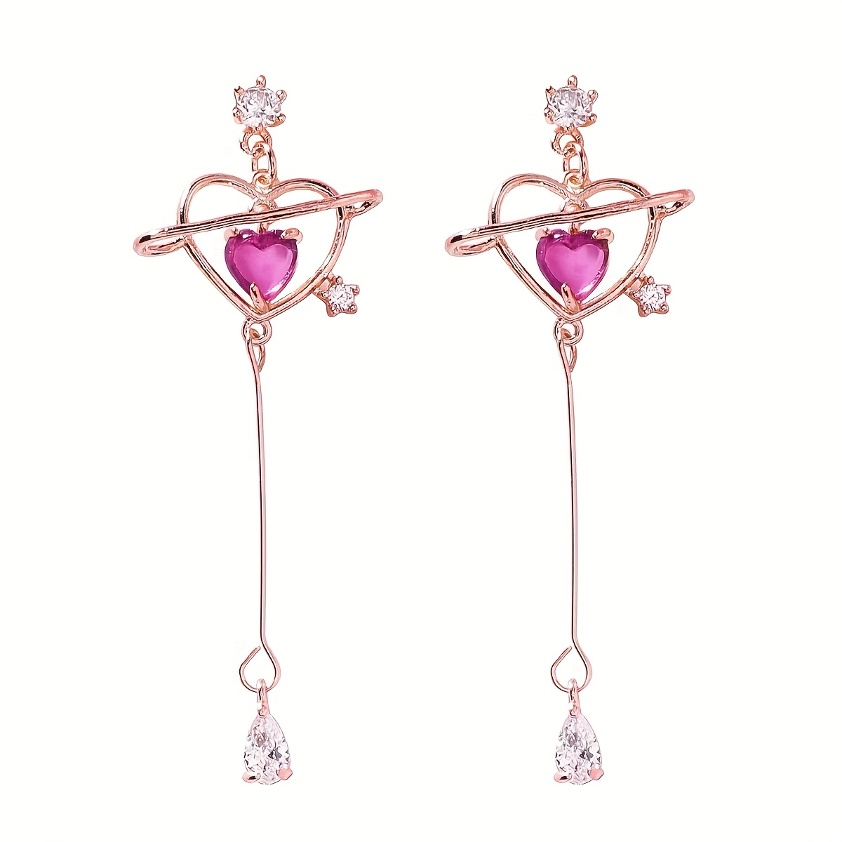 TEMU New Elegant Geometric Heart Long Drop Earrings For Women Cute Delicate Synthetic Cubic Zirconiaia Party Pendientes Jewelry