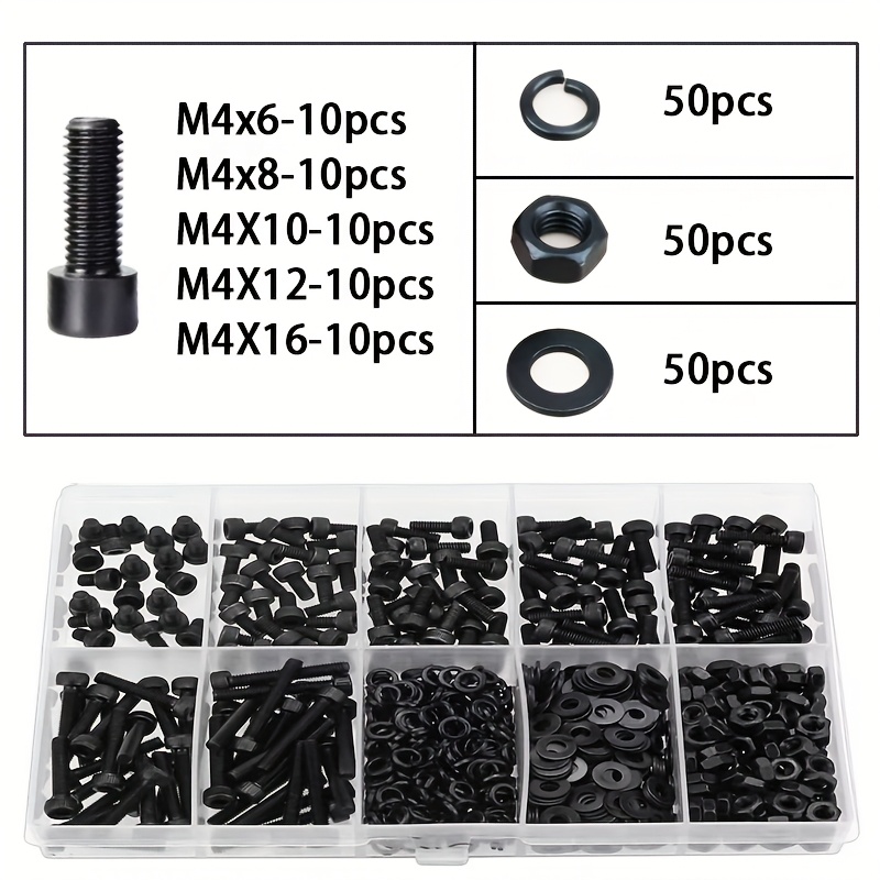 200pcs/set M4 Metric Screw Classification Kit - Carbon Steel Hexagonal Plug Screw, Nut, Gasket -for & Industrial Use - Ideal Gift For Mechanics & Engineers