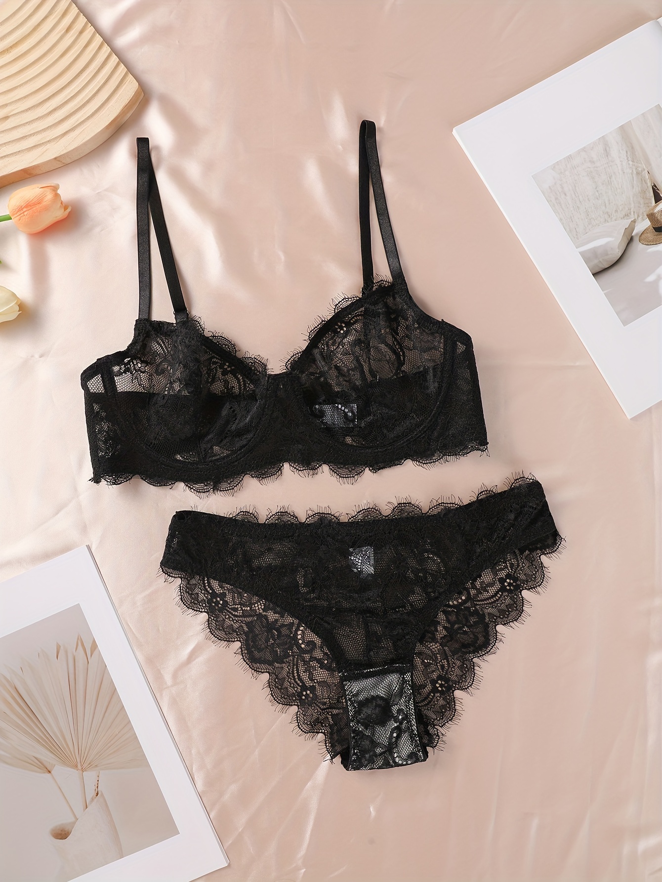 sexy black lingerie porn Lace Lingerie Set with Eyelash Trim, Lightweight and Comfortable Bra * and  Breathable, Small-bust Push-up Anti-sagging Bra * Small * Panties
