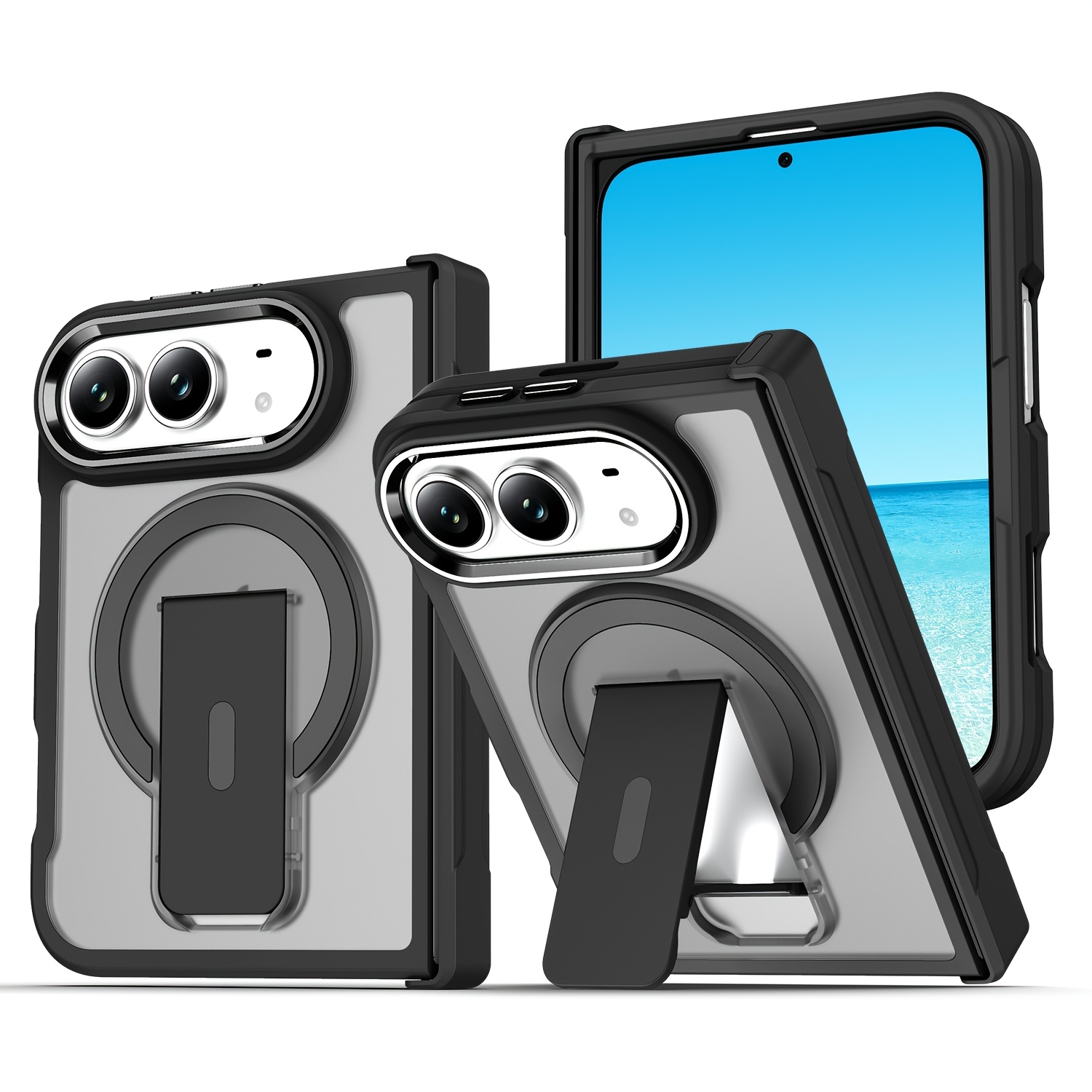 TEMU Phone Case - Hybrid Hard Foldable Phone Case, Hinge Protection, Built-in Hidden Kickstand, Magnetic-ready, Wireless Charging , Alloy Lens Frame