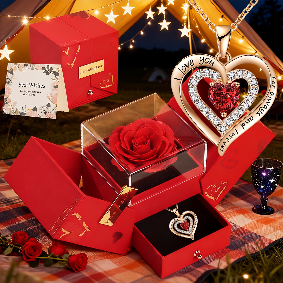 TEMU Ensemble Collier + Boîte Cadeau, Rouge Artificielle avec Collier et Boîte Cadeau à , de la Saint-Valentin et de Noël pour , Épouse, Amoureuse,