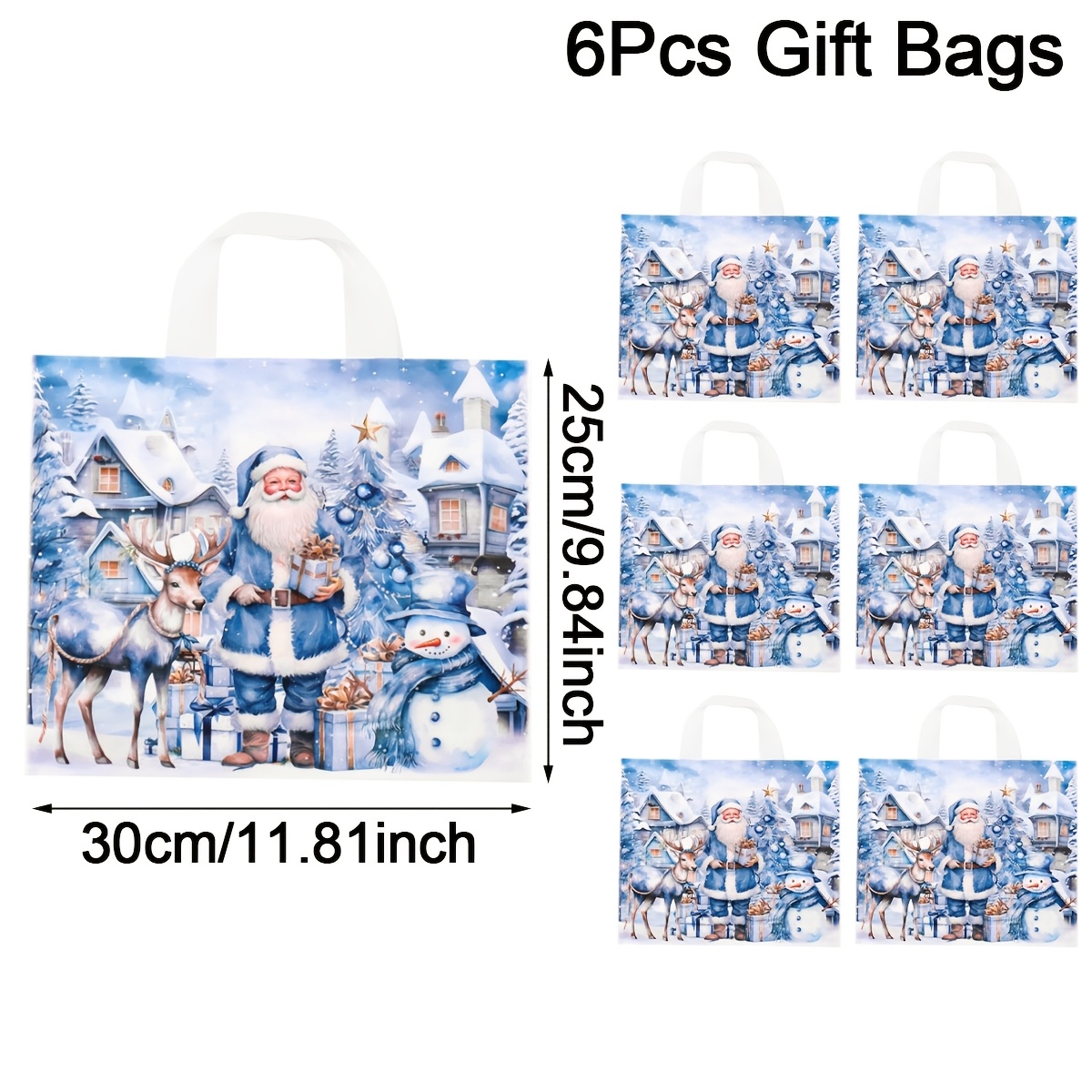TEMU Lot de 6/12 sacs cadeaux de Noël avec poignée, grands sacs fourre-tout en plastique 25*30cm avec imprimé aquarelle Père Noël et de neige, sacs