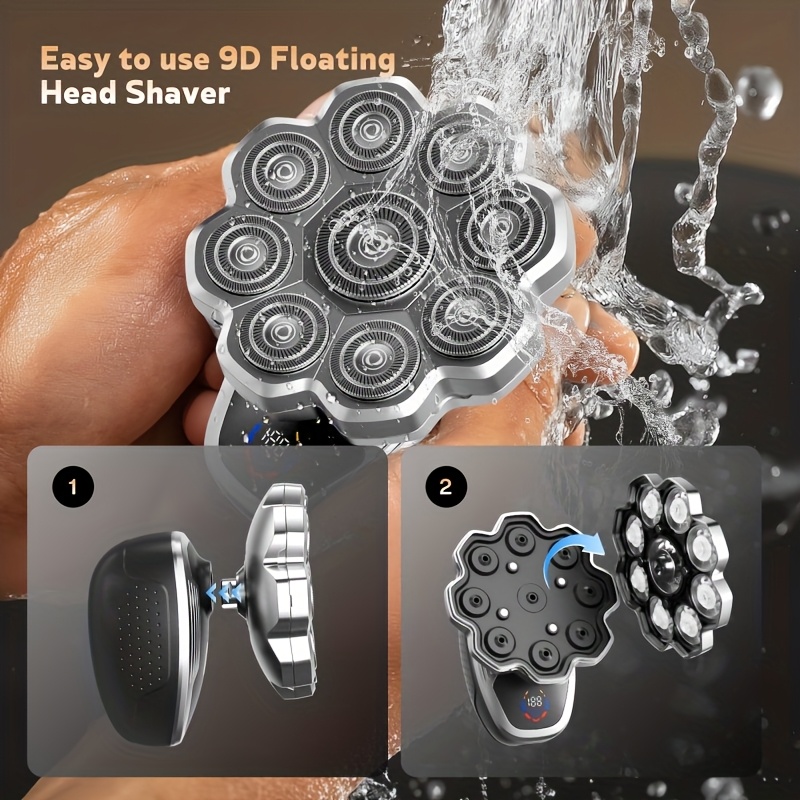 mens electric shaver with ipx5 waterproof wet dry use usb c fast charging 9 7 rotary motor   shaver with nose trimmer massage kit led display for bald head facial grooming system Product details 6