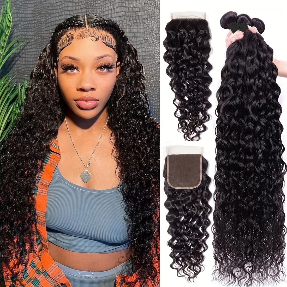 

Water Wave 3 Bundles Human Hair With 4x4 Lace Closure Human Hair Curly Weave Bundles Human Hair Water Wave Human Hair Bundles Natural Color