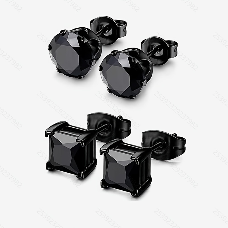 TEMU 2 de aretes de unisex de acero inoxidable 316 de moda con CZ, con cristales cuadrados y redondos negros de 6 mm (circonita cúbica sintética)