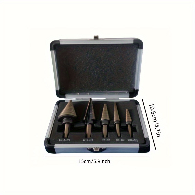 TEMU 5pcs Steel Cobalt Step Drill Bit Set With Aluminum Case For Metal And Wood