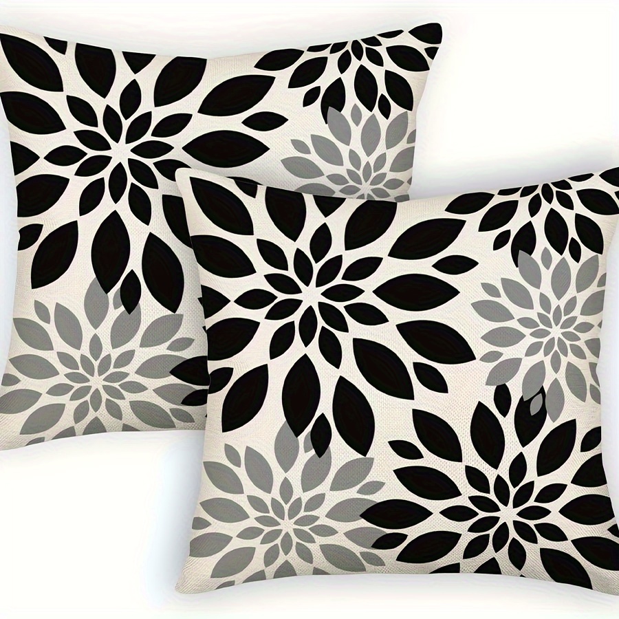 

2-piece Elegant Dahlia Floral Throw Pillow Covers In Black, Grey & Beige - Geometric Bohemian Design For Sofa And Bed Decor, 18x18 Inch, Linen, Zip Closure, Machine Washable