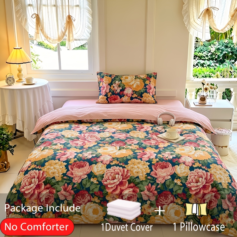 Image of 2/3pcs Floral 100% Cotton Duvet Cover Set (1 X Duvet Cover And Pillowcases, Without Pillow Core Or Duvet Insert), Soft Comfortable For With Zipper Closure, For Bedroom