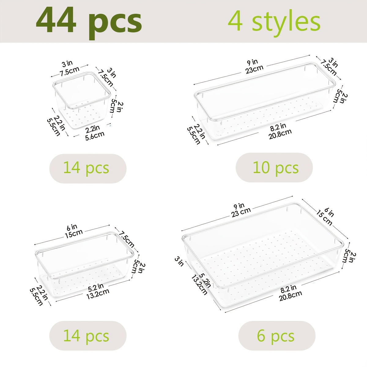 TEMU 44pcs Clear Drawer Organizers Set, 4 Sizes Versatile Bathroom And Vanity Organizer Trays, Non- Slip Storage Containers For Makeup, Jewelries,