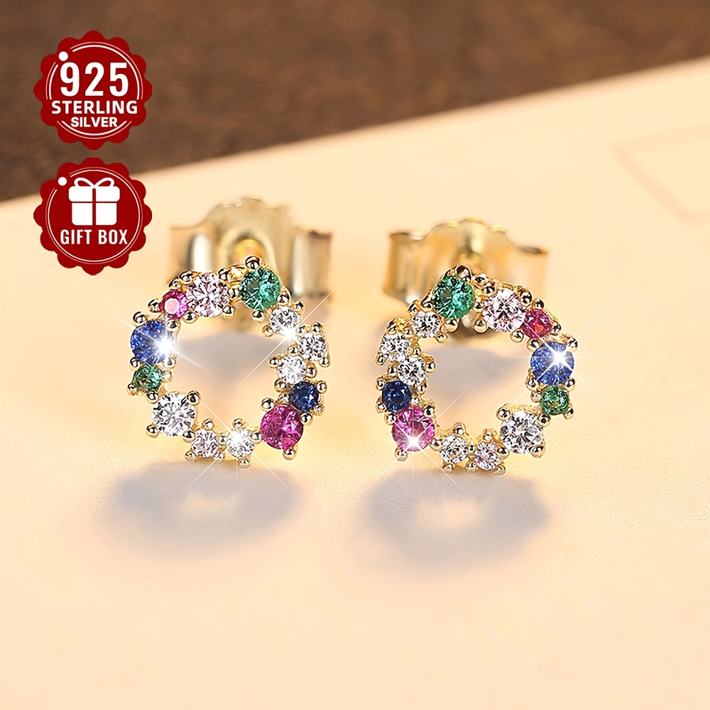 S925 Pure Silver Stud Earrings with Colorful Zirconia