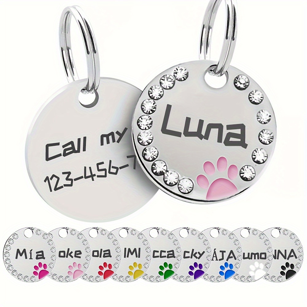 

Personalized Id Tags For Cats And Dogs, Round Customized Engraved Dog Name Tags With Diamond, Cat Id Tags Alloy Pendant Tags, Suitable For Dog Collars And Cat Collars, For Pets