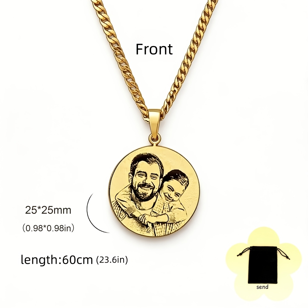 TEMU Customizable Fashion Pendant Necklace With A Round , Featuring Laser Engraving For Family Portraits, Pet Photos, Names, , Dates, And Special