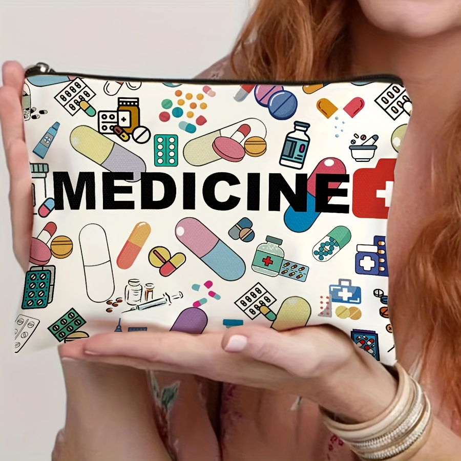 Medicine-Themed Canvas Travel Pouch - Zippered Cosmetic & Toiletry Organizer, Lightweight & Foldable, Beige with Colorful Medical Illustrations, Perfect Gift for Friends, Teachers, or Healthcare Professionals, Travel Toiletry Bag | Medical Theme | Zipper Closure