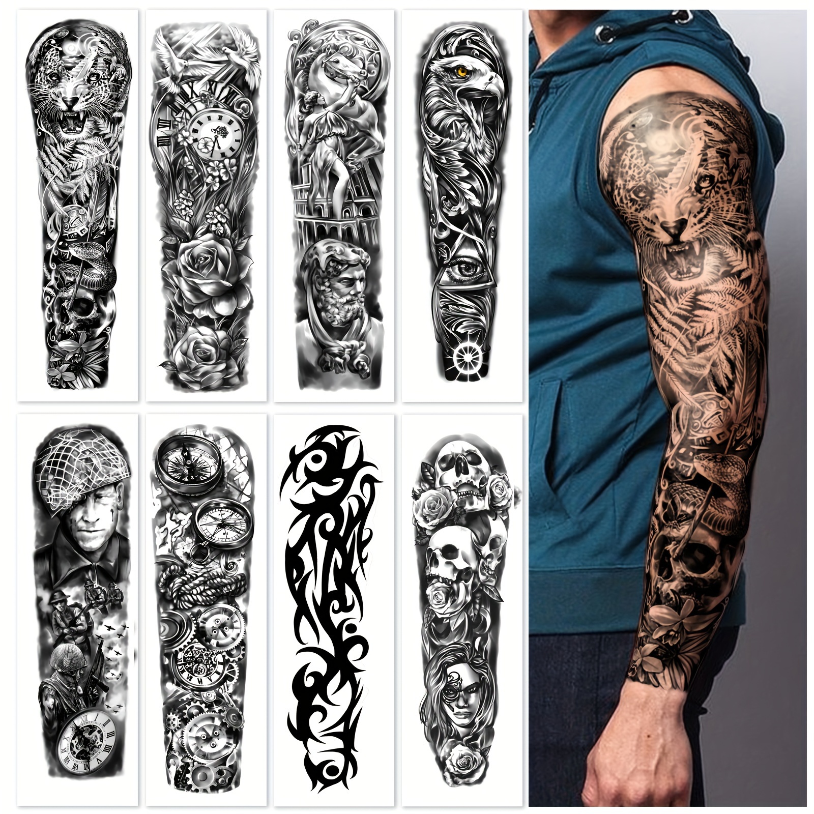 

8 Sheets Full Arm Temporary Tattoo, Fake Tattoo Stickers, Long Lasting Waterproof Realistic Black Art Temporary Tattoo For Men Tattoos Temporary Waterproof Long Lasting Tattoos Temporary Waterproof