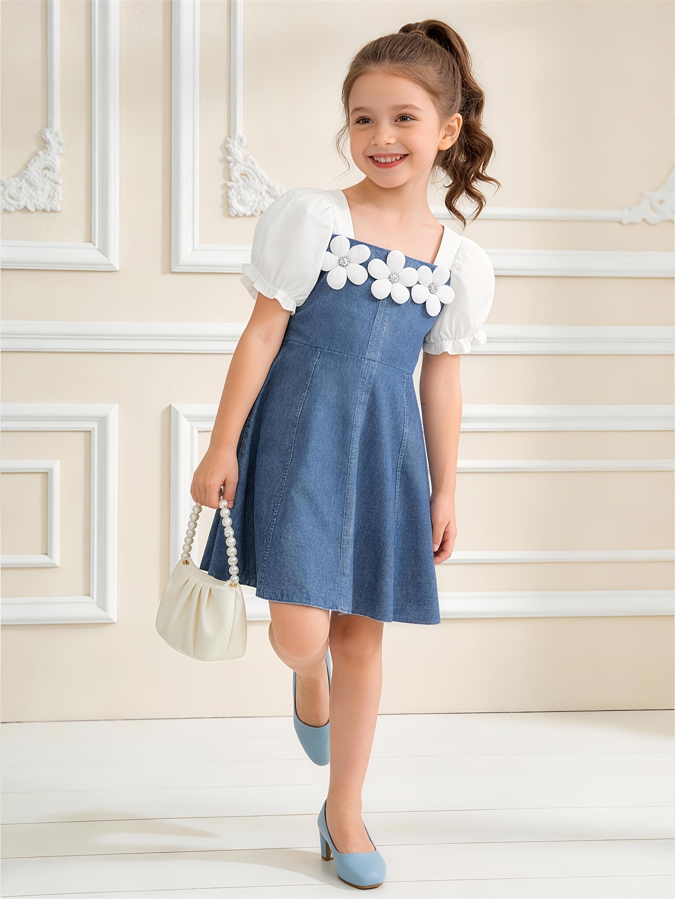 girls daily casual outing fashion printed faux denim pattern with three dimensional floral   square neckline back concealed zipper short sleeve knee length casual dress for summer