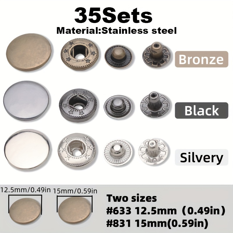 

35 Sets Of Stainless Steel Snap Fasteners, 12.5mm/15mm, #633 #831, Metal Buttons For Fastening, In Black/silver/antique Brass, Suitable For Diy Crafts, Clothing, Jackets, Jeans, And Bags.