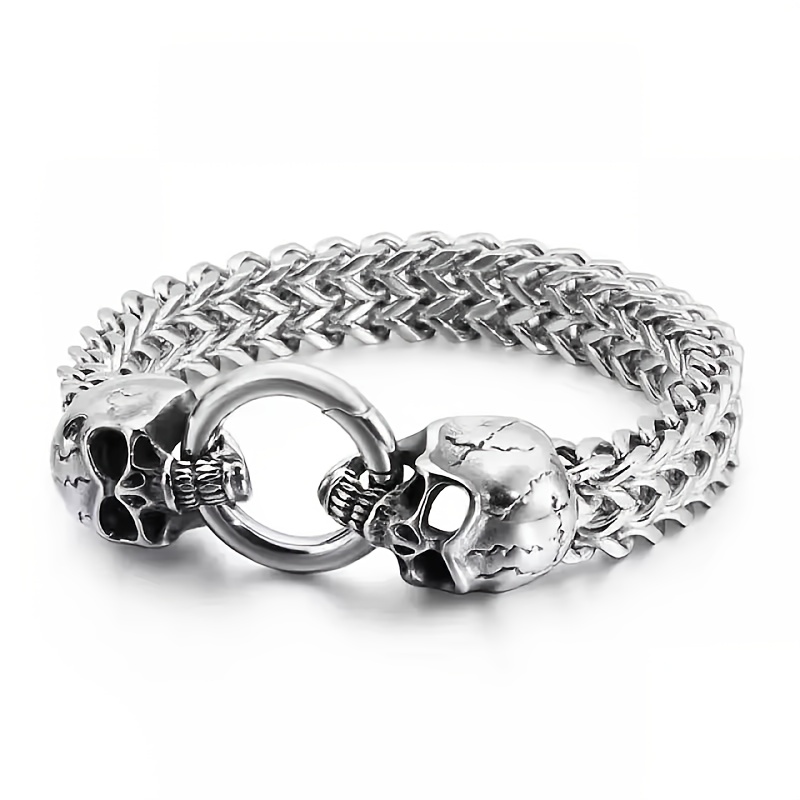 Men's Stainless Steel Gothic Double Headbone Chain Bracelet