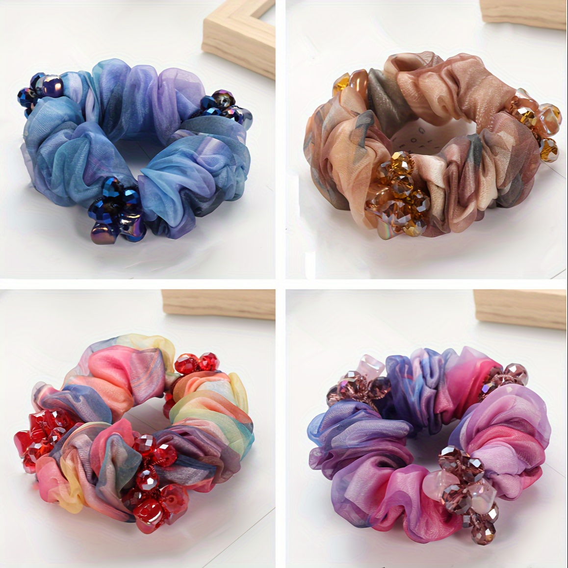 

Elegant Handmade Beaded Double-layer Hair Tie - Mesh Floral Scrunchie For Women, Ponytail Holder