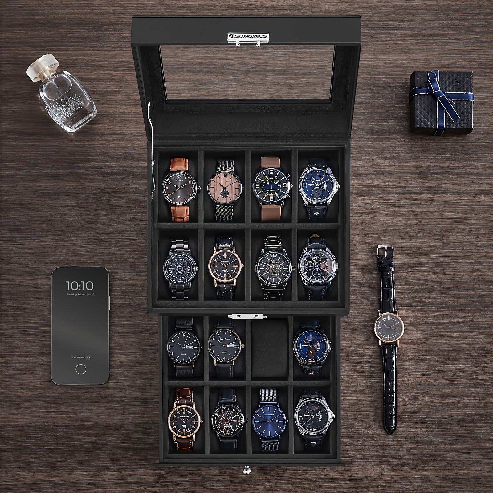 

Songmics 16-slot Watch Box, Watch Case With Glass Lid, 2 , Lockable Watch Display Case, Black Synthetic Leather Father's Day Gift