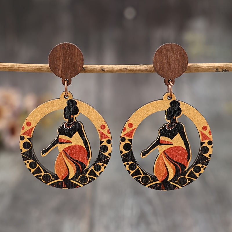 TEMU A Pair Of Vintage Bohemian-style Round Hollow-out African Figure Sunset Wooden Fashion Creative Earrings