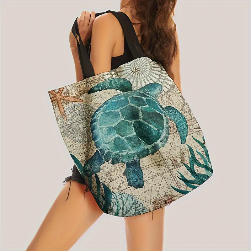 

1pc, Ocean-themed Tote Bag With Turtle, Whale & Seahorse Design, Vintage Reusable Lightweight Foldable Shoulder Beach Bag, Ideal For Travel & Outdoor Use