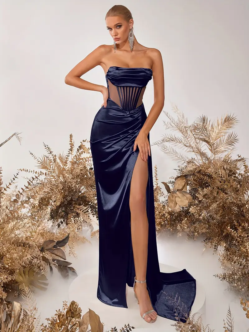 bandeau bridesmaid dresses Elitara Elegant Minimalist Split Bandeau Plunging Neckline Fitted Maxi Slit Back Bridesmaid Dress