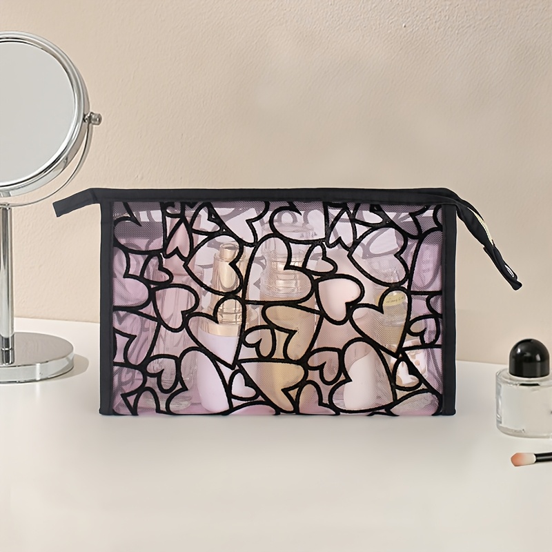 E-shop Große Transparente Mesh-Make-up-Tasche mit Herzmustern - Tragbarer Kosmetikorganizer für Reisen, Unisex-Kulturtäschchen für Frauen & Männer,