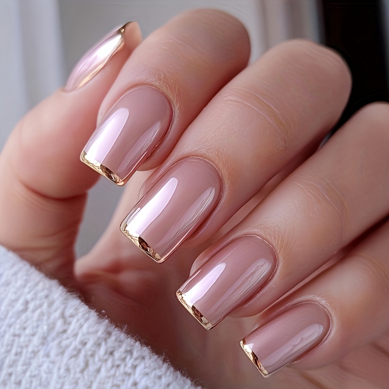 TEMU Shape, 24pcs Of Medium Square Fake Nails, Gentle Naked Powder Golden- Wearing Nail Design, Full Coverage Of Bright Artificial Nail Art.