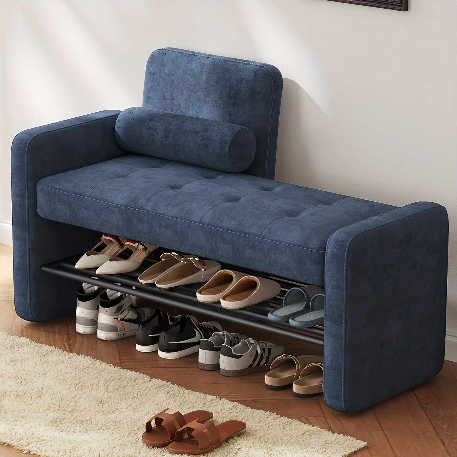TEMU Banc de Rangement Moderne pour Chaussures Bleu avec Siège - Meuble d'Entrée de Place, Étagère à Chaussures et Siège en Un, Montage Facile pour
