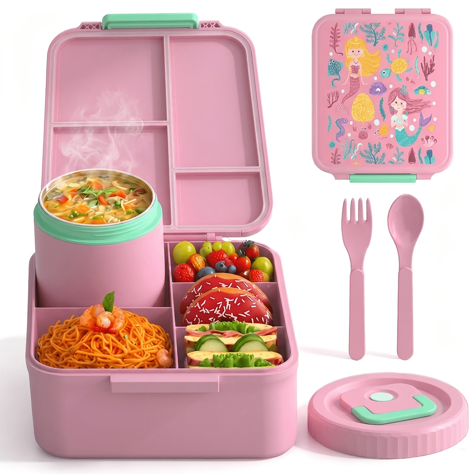 Pink/blue Cartoon Mermaid/ocean Theme Insulated Lunch Box - Divided Stainless Steel Bento Box, Insulated Lunch Box For Students And Office Workers, Hand Washable
