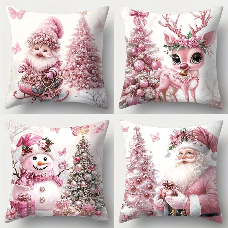 TEMU Juego de 4 fundas de almohada navideñas de 17.2 x 17.2 pulgadas, con , navideño, Papá Noel, , árbol de Navidad, cremallera, material de fibra de