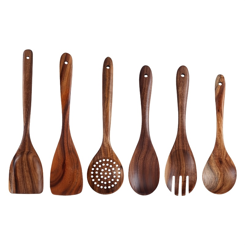 Image of A 6pcs Kitchen Set Made Of Acacia Wood With Small Leaves, Including A Long-handled Wok Spatula, A Slotted Spoon, A Sturdy Spoon, And Scoop, Along With Salad Utensils, All Designed To High Temperatures