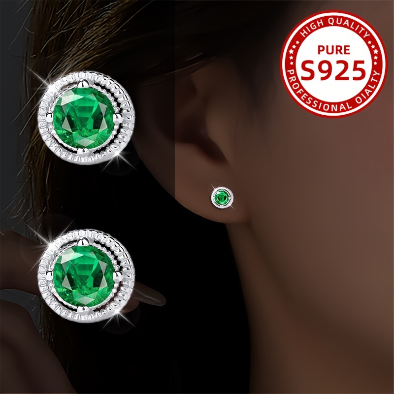 

925 Sterling Silver Stud Earrings With Zirconia Elegant French Style, Round Baroque Design, , Beach, Party, Music Festival